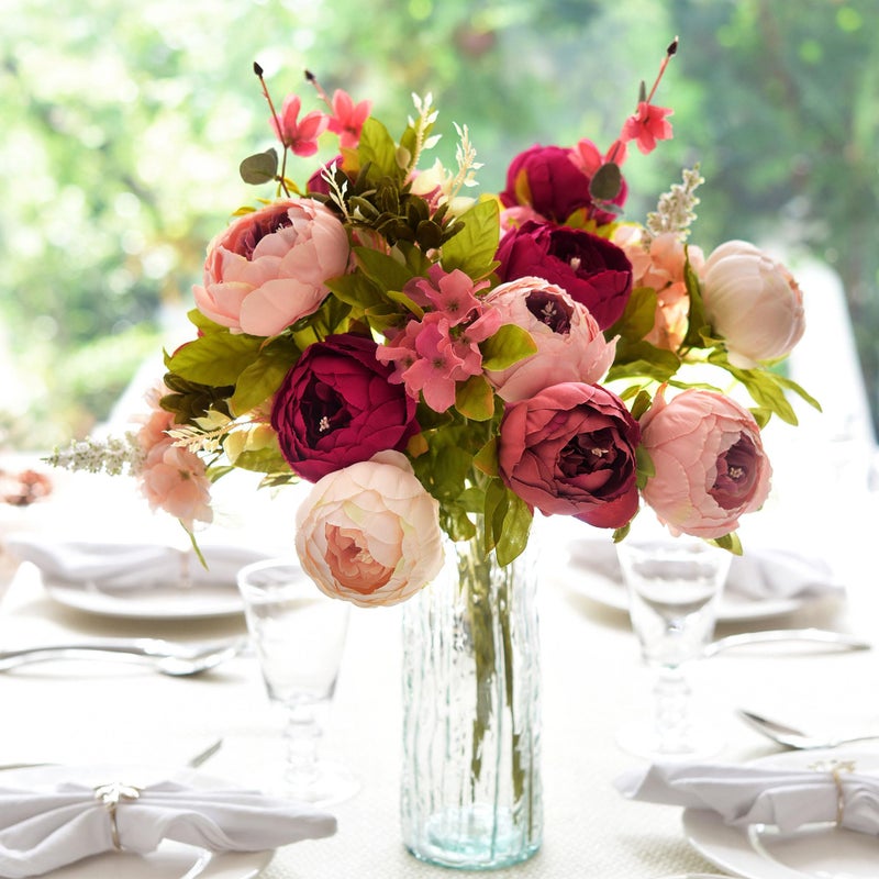 FiveSeasonStuff Pinkish Red and Dusty Pink Vintage Artificial Peonies Silk Flowers and Hydrangeas for Wedding Bridal Home Decor â€“ Beautiful Floral Centerpiece Bouquet (Passion Blush) - Image 4