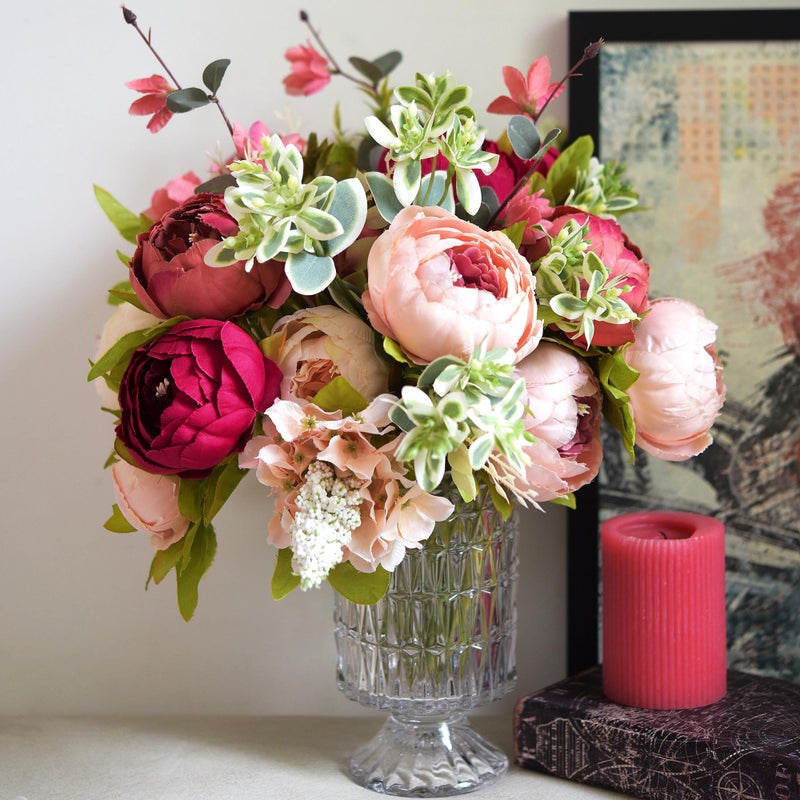 FiveSeasonStuff Pinkish Red and Dusty Pink Vintage Artificial Peonies Silk Flowers and Hydrangeas for Wedding Bridal Home Decor â€“ Beautiful Floral Centerpiece Bouquet (Passion Blush) - Image 2