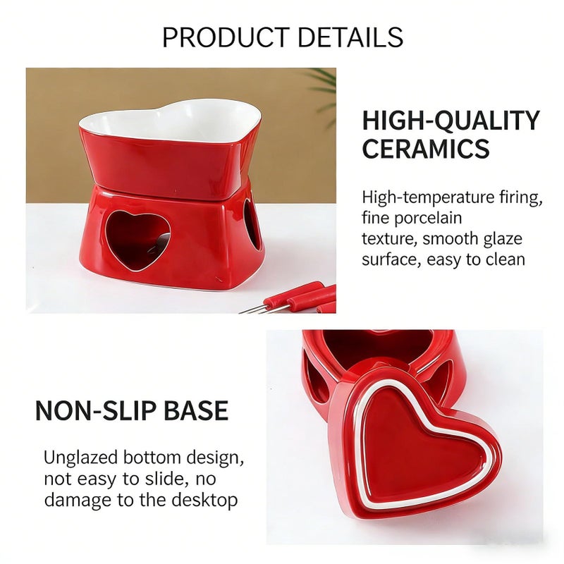 Ceramic Heart Shaped Chocolate Fondue Cup Set Romantic Red And White Fondue Cups For Valentine Dessert Party With Forks And Candle 350 Ml - Image 3