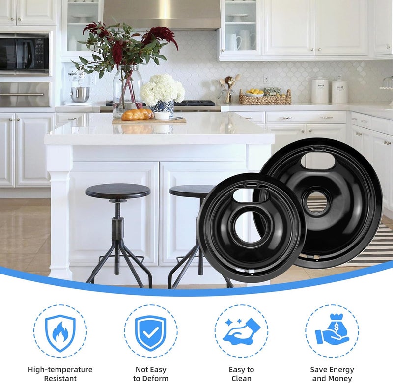 APPLIANCEMATES Black Stove Burner Drip Pans Replacement for GE Hotpoint Electric Stove Burner, (2) 8" WB31M19 (2) 6" WB31M20 Set by - Image 3