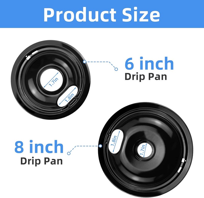 APPLIANCEMATES Black Stove Burner Drip Pans Replacement for GE Hotpoint Electric Stove Burner, (2) 8" WB31M19 (2) 6" WB31M20 Set by - Image 2