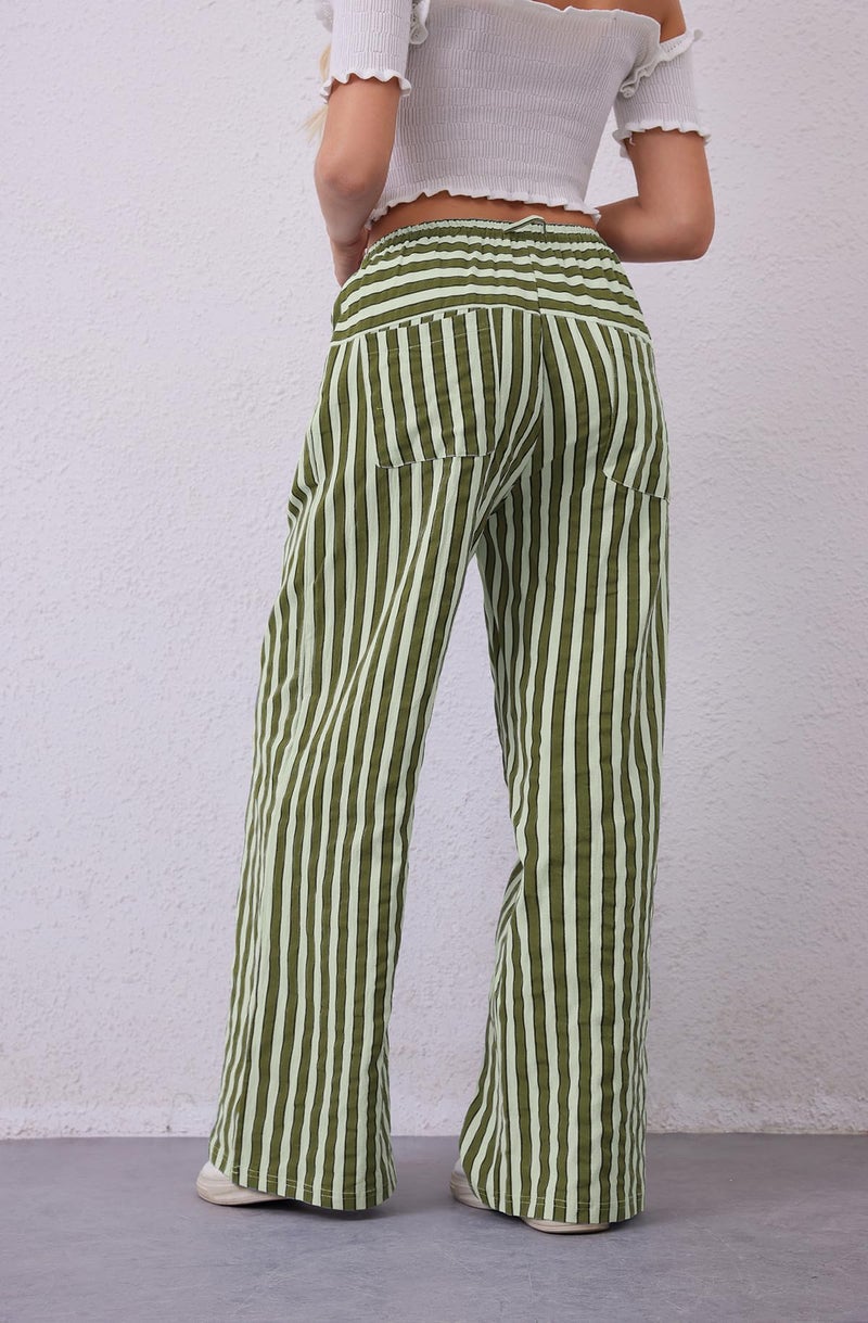 MISSACTIVER Women Drawstring Striped Pants Loose Wide Leg Trousers Casual Low Waist Pants Comfy Lounge Pants with Pockets Army Green - Image 4