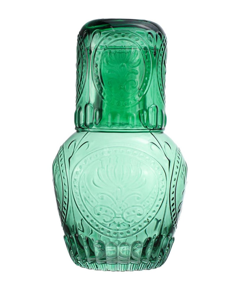 RockTrend Retro Relief Glass Bedside Night Water Carafe with Tumbler Glass Pitcher And Cup Night SetGreen