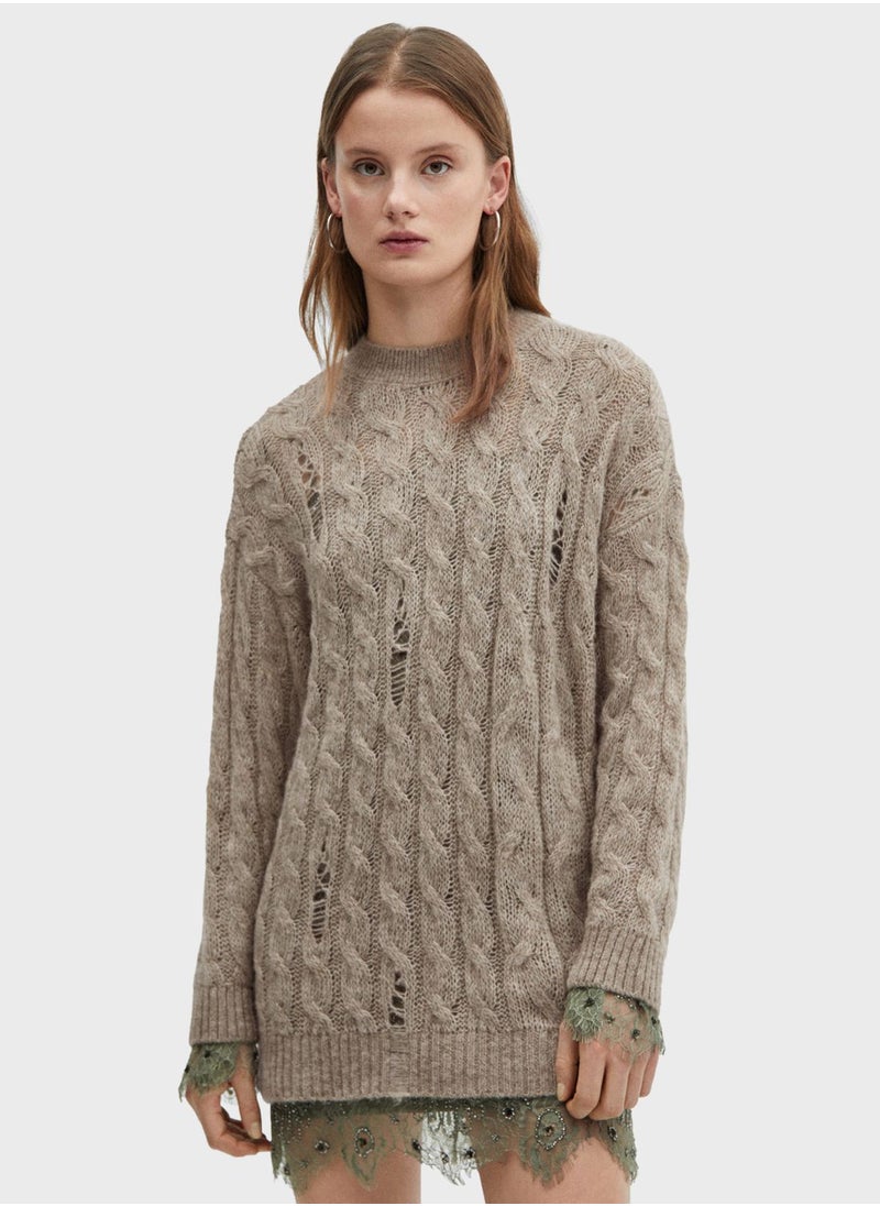 MANGO - Crew Neck Cable Knitted Sweater - Image 1