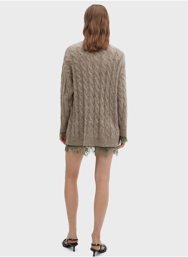 MANGO - Crew Neck Cable Knitted Sweater - Image 1