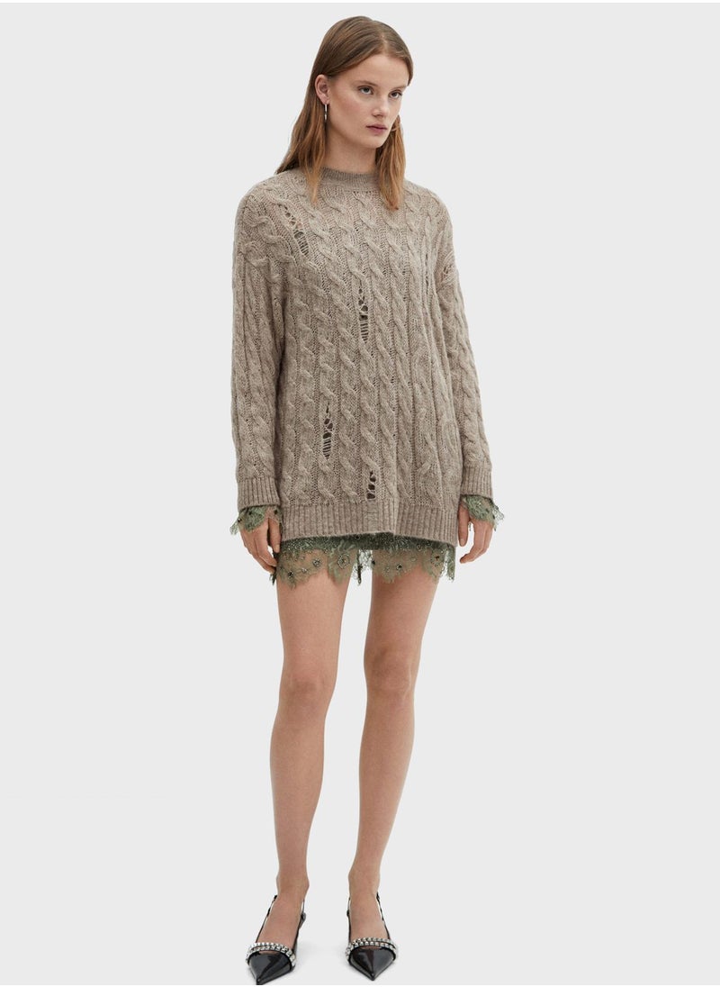 MANGO - Crew Neck Cable Knitted Sweater - Image 1