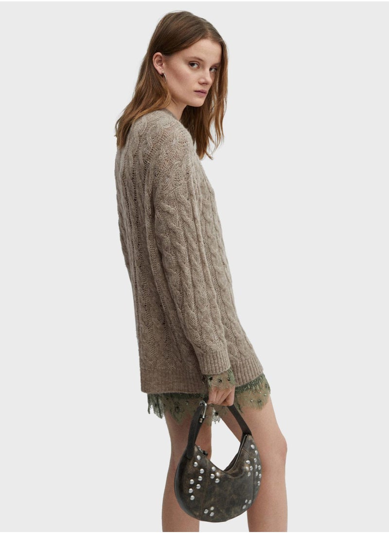 MANGO - Crew Neck Cable Knitted Sweater - Image 1