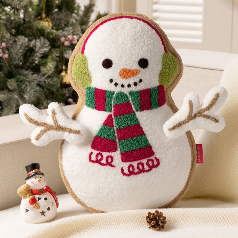 Phantoscope Gingerbread Merry Christmas Throw Pillow Plush Teddy Xmas Gingerbread Snowman Shaped Pillows with DIY Branch Arms Earmuffs Christmas Decorative Pillow for Couch White 18x12 inches - Image 2