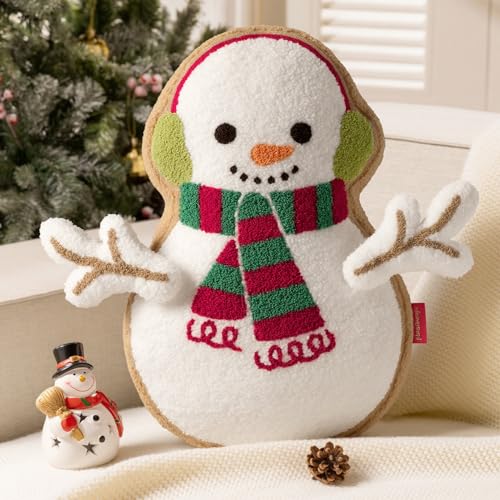 Phantoscope Gingerbread Merry Christmas Throw Pillow Plush Teddy Xmas Gingerbread Snowman Shaped Pillows with DIY Branch Arms Earmuffs Christmas Decorative Pillow for Couch White 18x12 inches - Image 1
