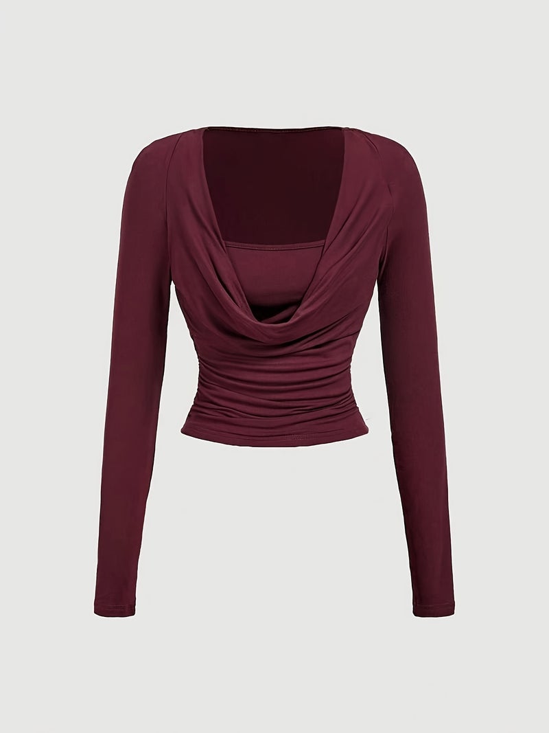 Women's Elegant Apricot Peplum Collar Slim - Fit Pleated Long - Sleeve T - Shirt Top - Burgundy / XS - Image 2
