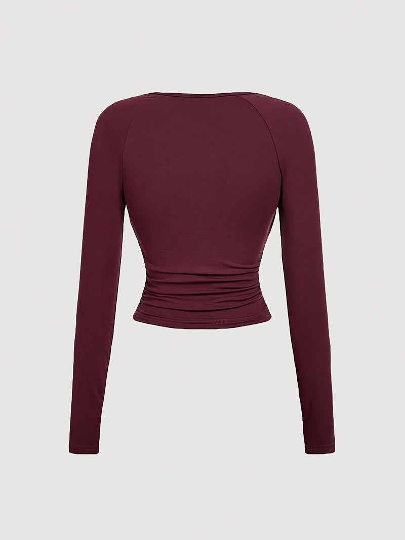 Women's Elegant Apricot Peplum Collar Slim - Fit Pleated Long - Sleeve T - Shirt Top - Burgundy / XS - Image 3