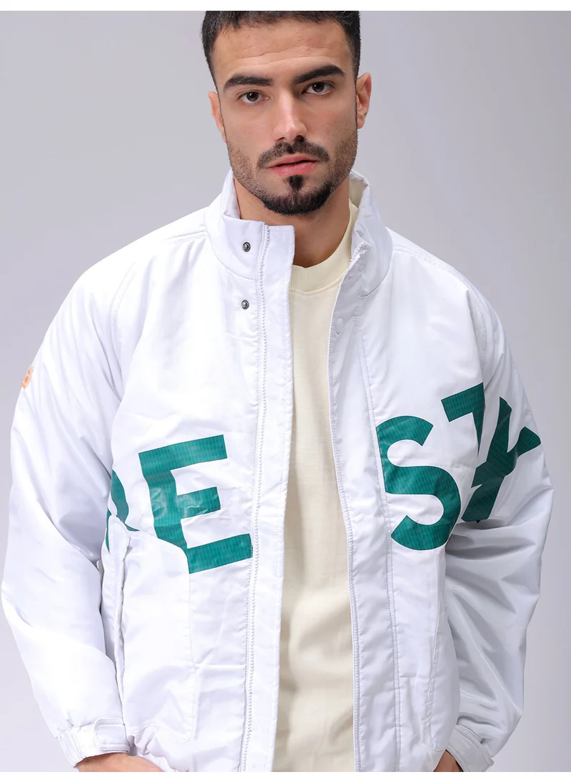 The Indian Garage Co Men White Casual Slim Fit Plain Bomber Jacket