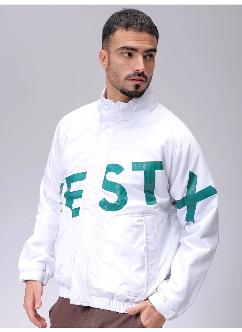 شركة المرآب الهندية Men White Casual Slim Fit Plain Bomber Jacket