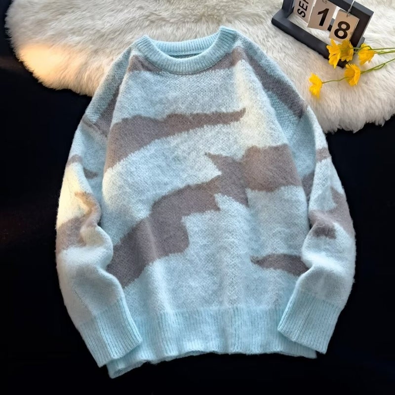 Cross-border Autumn and Winter New Cow Striped Cloud Pattern All-match Sweater 2024 Trendy Mens Deer Plush Crewneck Base Needle Blue