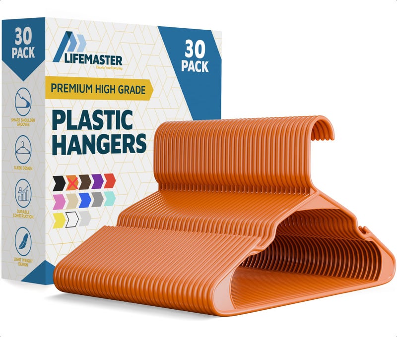 Lifemaster Plastic Clothes Hangers â€“ Heavy Duty Hanger Set, for Organizing Clothes, Dresses, and Coat, Holds Up to 5 lbs, Space-Saving Hangers with Non-Slip Shoulder Grooves, Pack of 30, Orange - Image 1