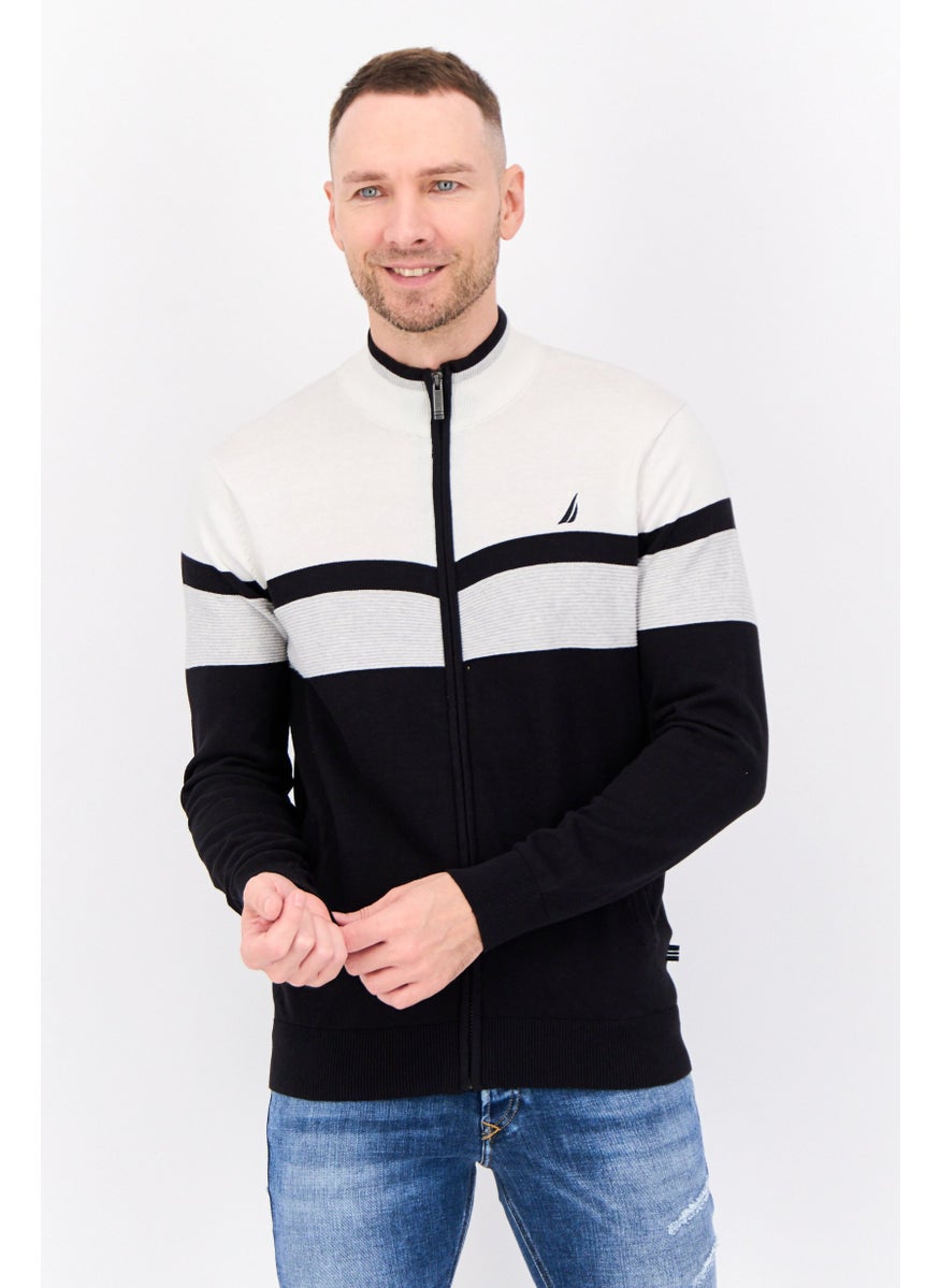 NAUTICA Men Full Zip Embroidered Logo Sweater, Black/White/Grey  - Image 1