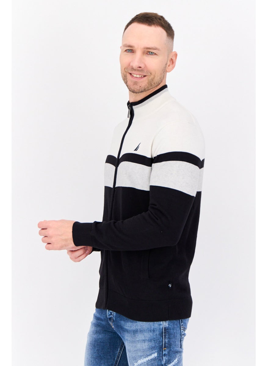 NAUTICA Men Full Zip Embroidered Logo Sweater, Black/White/Grey  - Image 2