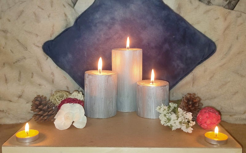 Floryn Decor Set of 3 Metallic Pillar Candles Decoration Dinner Wedding Party Candles Perfect Candles for Home Decor - Church-Spa Candle, Restaurant | Smokeless & Dripless (Silver) - Image 3