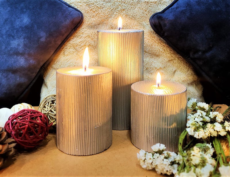 Floryn Decor Set of 3 Metallic Pillar Candles Decoration Dinner Wedding Party Candles Perfect Candles for Home Decor - Church-Spa Candle, Restaurant | Smokeless & Dripless (Silver) - Image 5