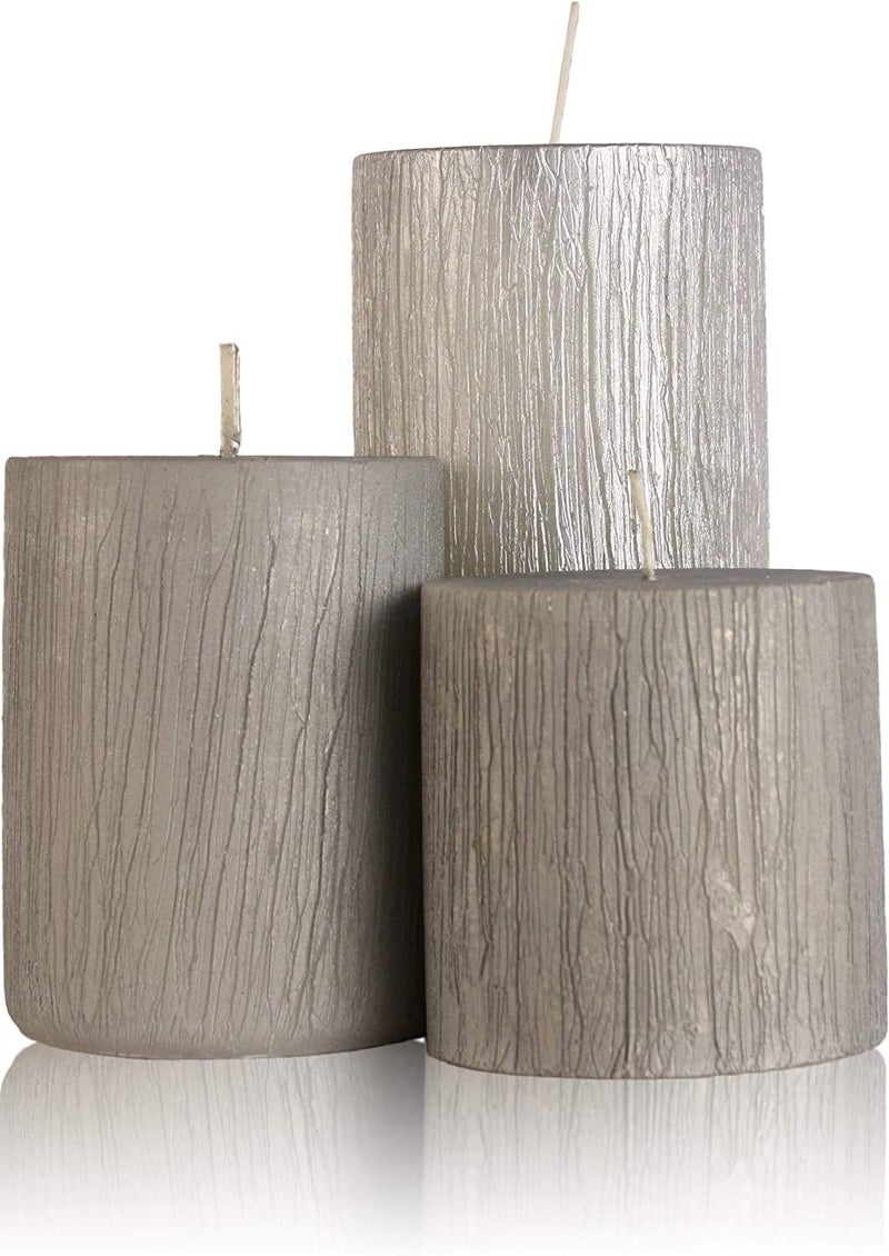 Floryn Decor Set of 3 Metallic Pillar Candles Decoration Dinner Wedding Party Candles Perfect Candles for Home Decor - Church-Spa Candle, Restaurant | Smokeless & Dripless (Silver) - Image 1