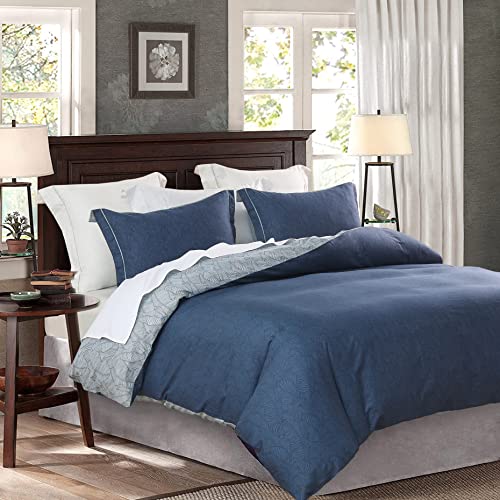 SLEEPBELLA Duvet Cover Queen Size, 600 Thread Count Cotton Navy & Grey Printed with Luxurious Blue Leaves Pattern Reversible Botanical Comforter Cover Sets, Bedding Set 3Pcs (Queen, Navy-Blue Leaves) - Image 2