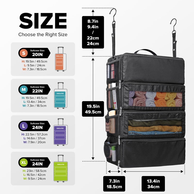 Vokelater Suitcase Organizer - Travel Luggage Organizer with Hanging Shelves & Packing Cubes - Collapsible, Portable, Carry-on, Medium, Black - Image 2