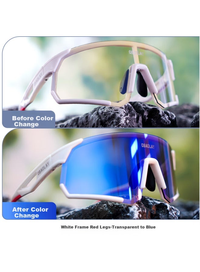 Obaolay Photochromic Cycling Gl For Women, Windproof Professional Outdoor Sports Goggles, White And Red Frame - Photochromic Colorful Blue - Image 1