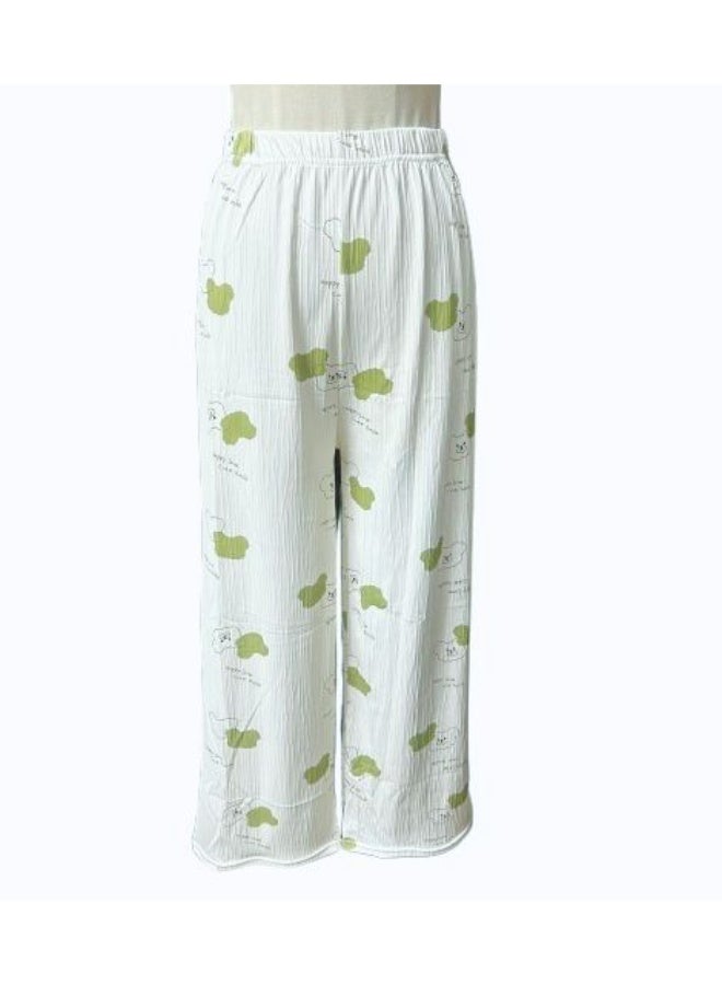 طقم بيجامة نسائي صغير لفصل الربيع والصيف والخريف - بلوزة بأكمام قصيرة ورقبة مربعة بطبعة دب لطيفة مع تفاصيل كشكشة وبنطلون مريح برباط - Image 3