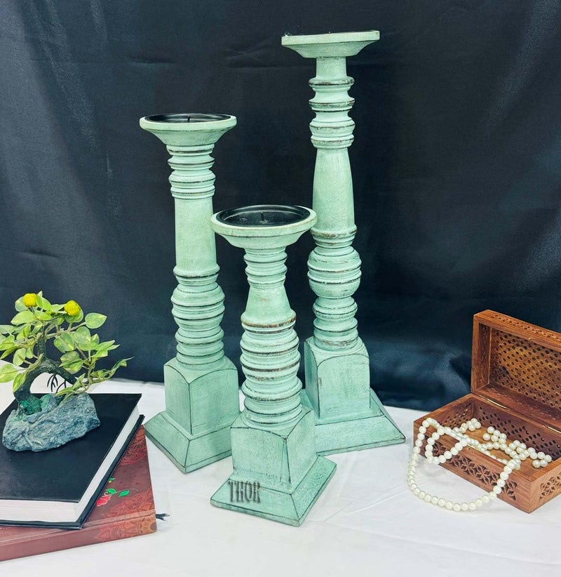 THOR INSTRUMENTS Wooden Pillar Candle Holders Set of 3, 18'' 15'' 12'' Farmhouse Wood Candle Stand for Table - Image 1