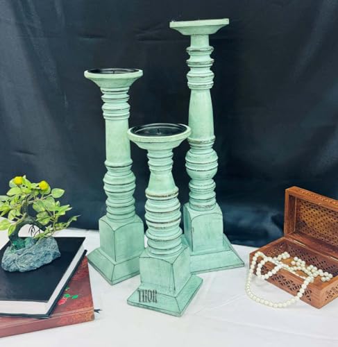 THOR INSTRUMENTS Wooden Pillar Candle Holders Set of 3, 18'' 15'' 12'' Farmhouse Wood Candle Stand for Table - Image 2