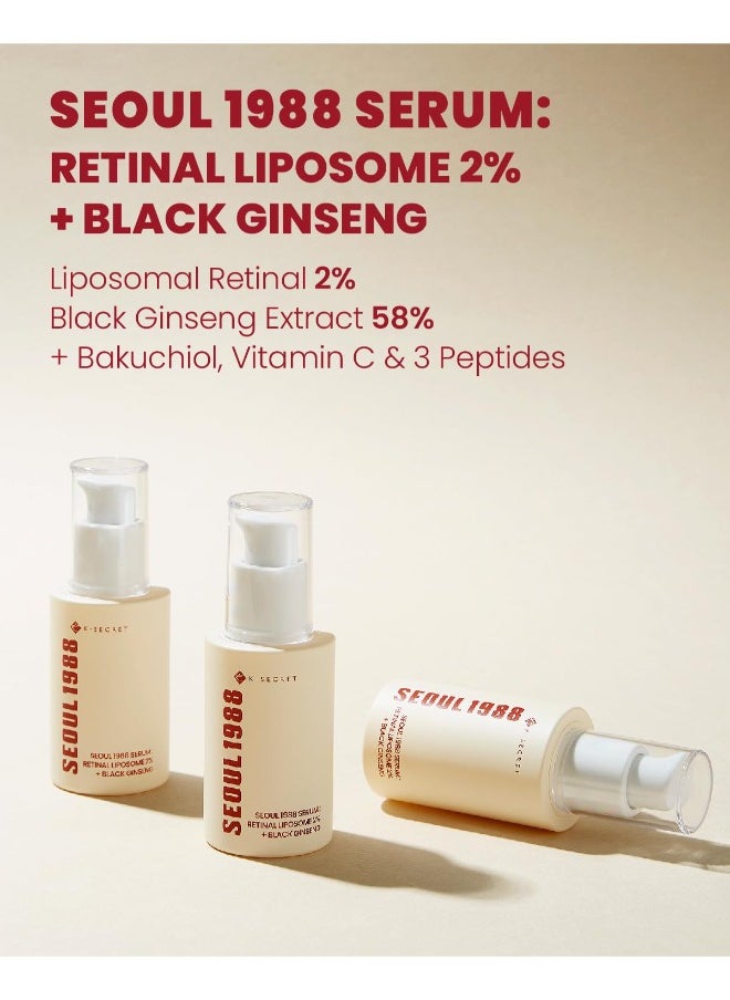 K-SECRET - KSECRET SEOUL 1988 Serum : Retinal Liposome 2% + Black Ginseng, 30ml/1.01fl.oz | 58% Black Ginseng Extract with Retinal, Bakuchiol, Vitamin C & 3 Peptides for Wrinkle Care | Korean Skincare - Image 1