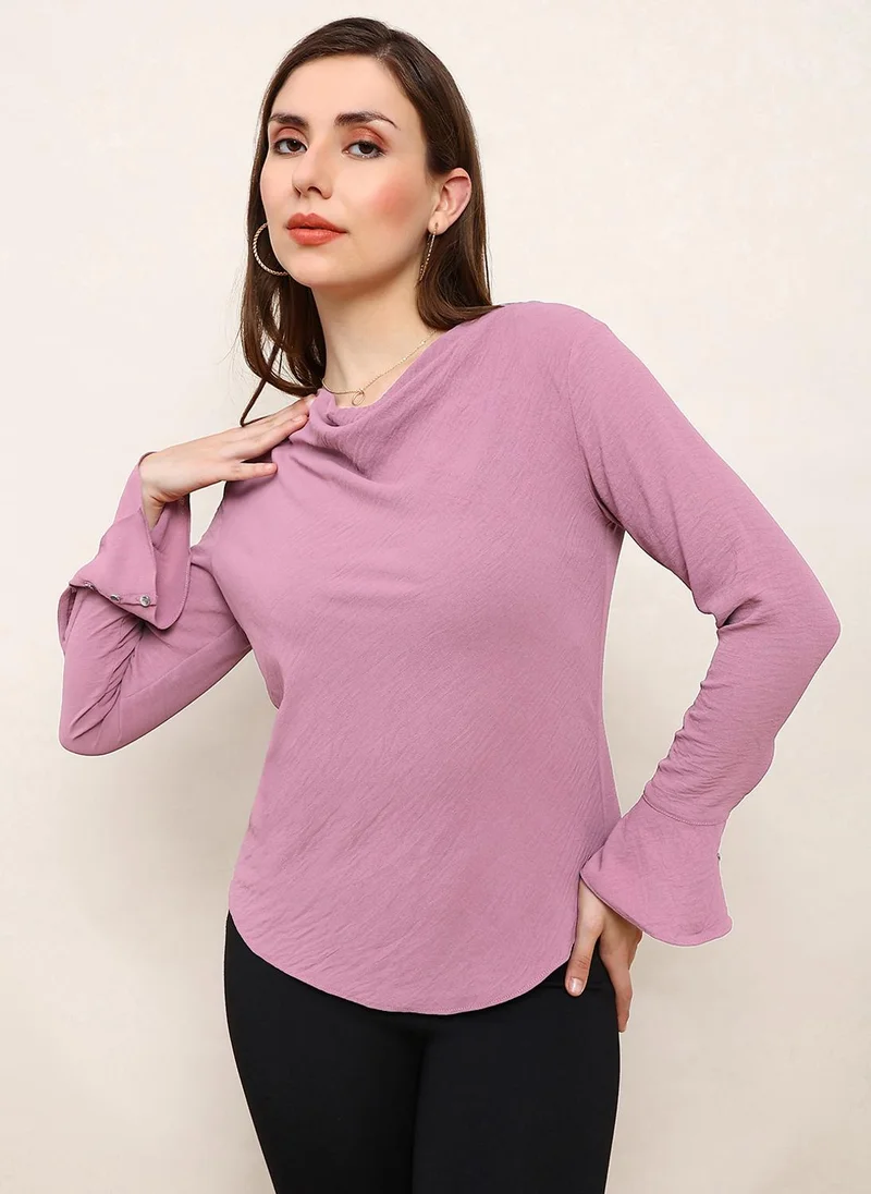 globus Globus Women Pink Cowl Neck Flared Sleeves Curved Hem Party Top