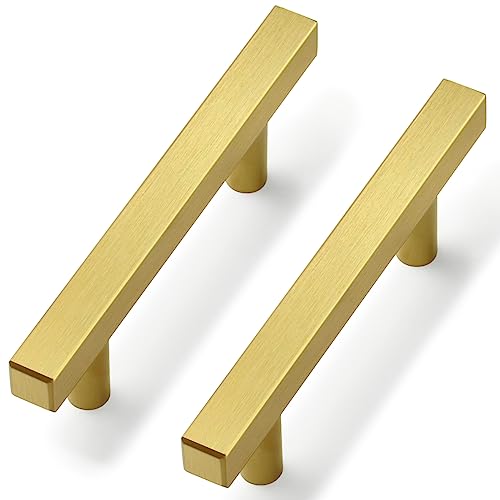 Estmoon 30 Pack Brushed Brass Cabinet Handles 3 Inch Gold Cabinet Pulls Modern Square Drawer Pulls Brass Gold Dresser Pulls Hardware Kitchen Handles for Cabinets and Drawers, 5" Total Length - Image 1
