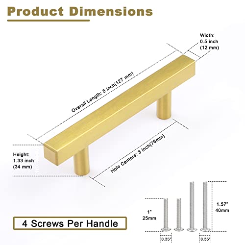 Estmoon 30 Pack Brushed Brass Cabinet Handles 3 Inch Gold Cabinet Pulls Modern Square Drawer Pulls Brass Gold Dresser Pulls Hardware Kitchen Handles for Cabinets and Drawers, 5" Total Length - Image 5
