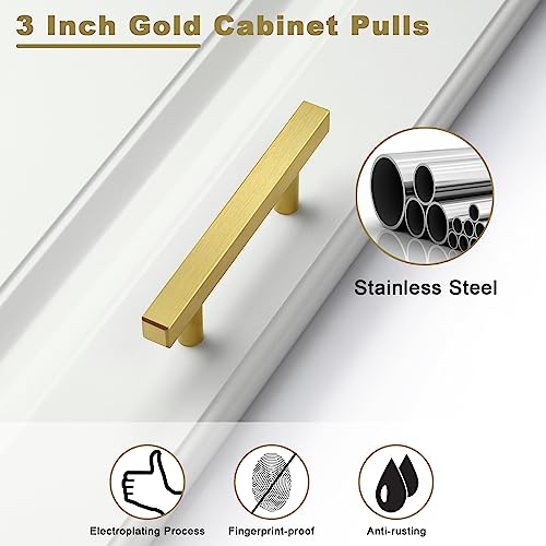 Estmoon 30 Pack Brushed Brass Cabinet Handles 3 Inch Gold Cabinet Pulls Modern Square Drawer Pulls Brass Gold Dresser Pulls Hardware Kitchen Handles for Cabinets and Drawers, 5" Total Length - Image 2