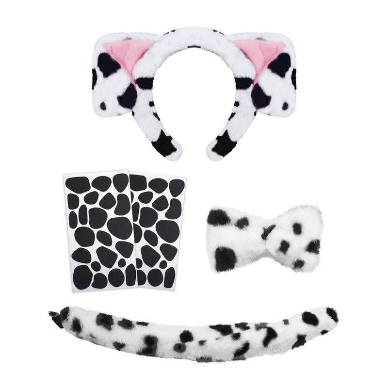 RechicGu 3 Pcs Dalmatian Dog Ears Costume Accessory Set with 2 Sheets Felt Spot Stickers Plush Puppy Ears Headband DIY Dog Ears and Tail Costume for Adult Halloween Party Dress Up Cosplay Bow Tie