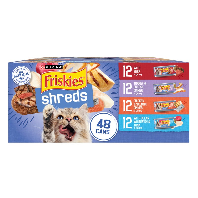 Friskies Purina Friskies Wet Cat Food Variety Pack, Shreds With Beef, Turkey and Cheese Dinner, Chicken and Salmon Dinner, and With Ocean Whitefish and Tuna - 48 ct. Can - Image 1