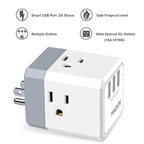 POWSAV 3-Outlet USB Wall Charger and Extender with 3-Way Splitter, ETL Listed - for Home, Office, Cruise Ship - Image 2