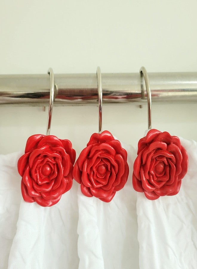 Twofishes Valentine Gift Red Rose Shower Rings S/12 Decorative Rust Proof Rose Shower Curtain Hooks Pack of 12 Red Rose Shower Curtain Rings Set of 12 - Image 3