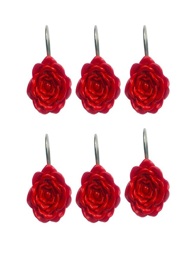 Twofishes Valentine Gift Red Rose Shower Rings S/12 Decorative Rust Proof Rose Shower Curtain Hooks Pack of 12 Red Rose Shower Curtain Rings Set of 12 - Image 1