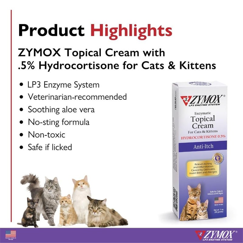 Zymox Cat & Kitten Topical Cream w/ .5% hydrocortisone - 1 oz. Tube - Image 2
