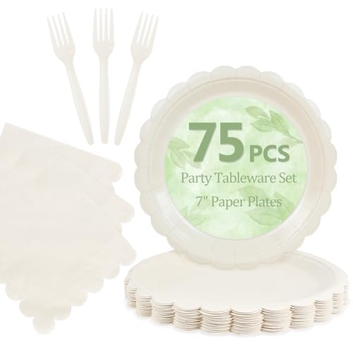 Mulbozy 75 Cream Plates and Napkins Disposable Set Includes Dessert Cake Scalloped Plates, Cocktail Napkins, Forks for for Holiday Party Supplies - Image 1