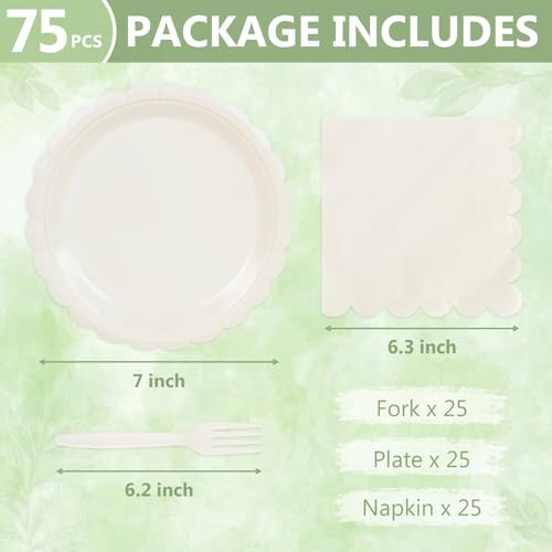 Mulbozy 75 Cream Plates and Napkins Disposable Set Includes Dessert Cake Scalloped Plates, Cocktail Napkins, Forks for for Holiday Party Supplies - Image 2