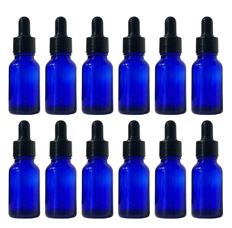 VOW 10 ML Blue Round Empty Glass Bottle Glass Dropper Black Ring Silicone Black Teat Refillable Reusable Leak Proof for Essential Oils PerfumesPack of 12 - Image 1