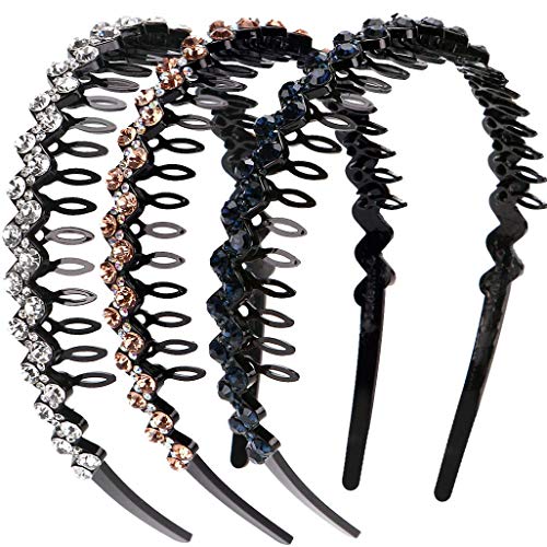 LONEEDY Wave Rhinestone and Crystal Teeth Comb Headbands For Women, Non-slip Hard Headbands (Silver+Gold+Dark blue) - Image 1