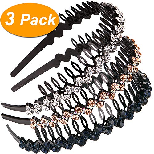 LONEEDY Wave Rhinestone and Crystal Teeth Comb Headbands For Women, Non-slip Hard Headbands (Silver+Gold+Dark blue) - Image 2