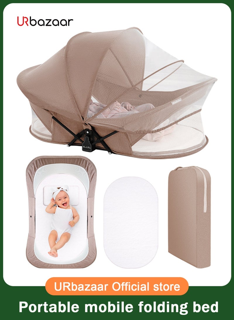 أوربازار سرير سفر محمول للأطفال، سرير سفر للأطفال في الهواء الطلق، سرير سفر للأطفال مع ناموسية ومظلة واقية من الشمس، خفيف الوزن وقابل للغسل وقابل للطي - Image 1