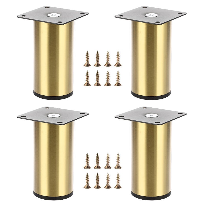 OwnMy 4PCS 4 Inch Stainless Steel Furniture Legs Feets Metal Cabinet Desk Sofa Legs Golden Round Metal Furniture Risers Heavy Duty Coffee Table Replacement Leg TV Stand Chair Legs