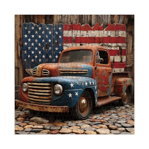 IdeaBazar Beautiful Vintage Car Puzzles for Adults 1000 Pieces Art Colorful Challenging American Flag Retro Jigsaw Puzzles Pretty Patriotic Red Old Truck Puzzle - Image 5