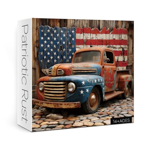 IdeaBazar Beautiful Vintage Car Puzzles for Adults 1000 Pieces Art Colorful Challenging American Flag Retro Jigsaw Puzzles Pretty Patriotic Red Old Truck Puzzle - Image 1